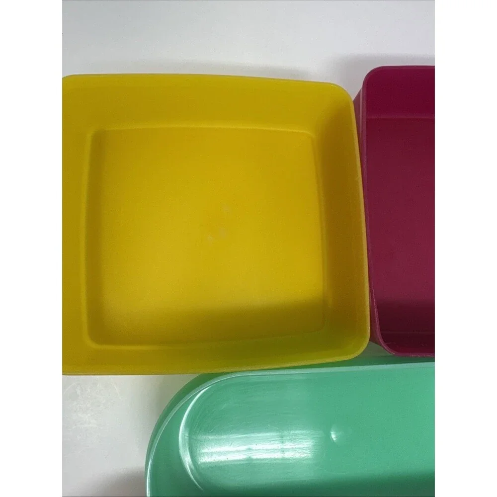 7x Vintage Tupperware Snack Set - 2 square away keeper 4 cups orange red yellow
